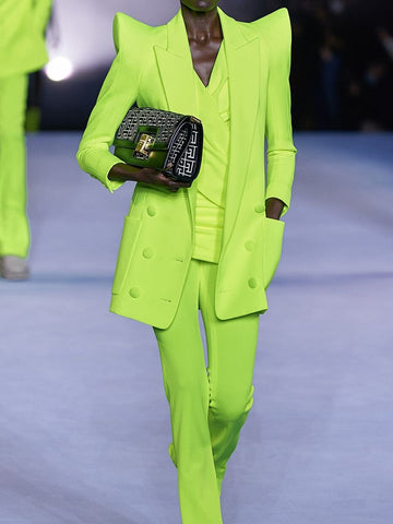 2023 Designer Jacket Women Peak Strong Shoulder Double Breasted Long Blazer Fluorescein