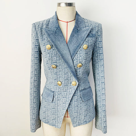2023 Designer Jacket Women Slim Fitting Double Breasted Lion Buttons Geometric Denim Blazer
