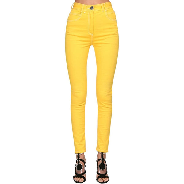 HIGH STREET 2022 Stylish Designer Jeans Women's Top Stitching Contrast Denim Jeans Pencil Pants Yellow
