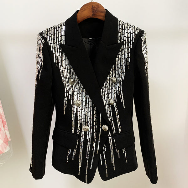 HIGH STREET 2023 Designer Jacket Women's Double Breasted Luxurious Stunning Silver Metal Buttons Beaded Blazer