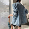 HIGH STREET 2023 Denim Blazer Jacket Women's Slim Double Breasted Denim Blazer with Belt Outer Coat Notched XC865