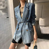 HIGH STREET 2023 Denim Blazer Jacket Women's Slim Double Breasted Denim Blazer with Belt Outer Coat Notched XC865