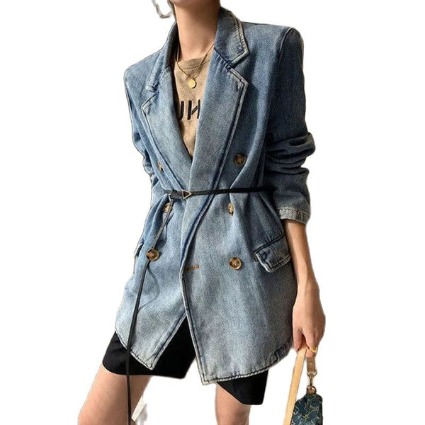 HIGH STREET 2023 Denim Blazer Jacket Women's Slim Double Breasted Denim Blazer with Belt Outer Coat Notched XC865