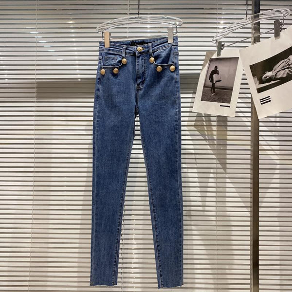 HIGH STREET 2022 Designer Lion Button Pocket Edge High Waist Pencil Jeans Pants