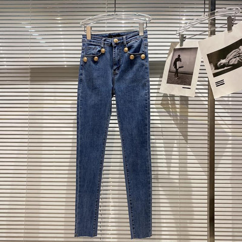 HIGH STREET 2022 Designer Lion Button Pocket Edge High Waist Pencil Jeans Pants