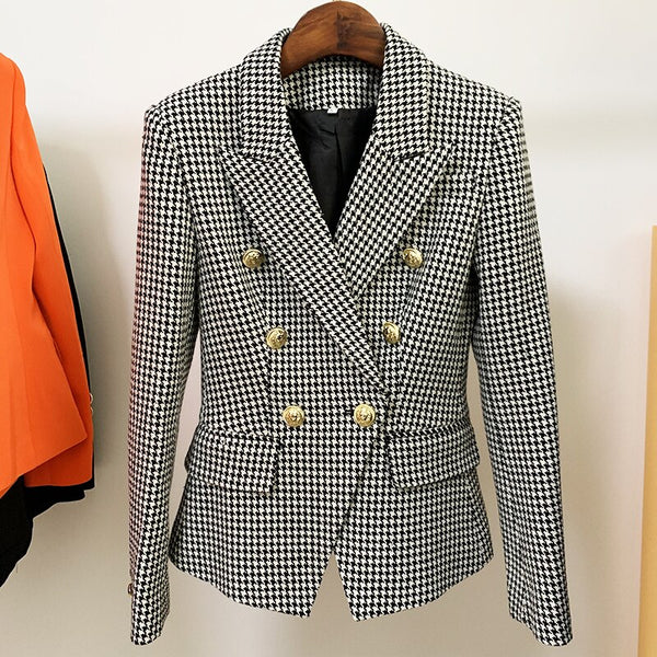 2022 Designer Jacket Women's Lion Buttons Double Breasted Tweed Houndstooth Blazer