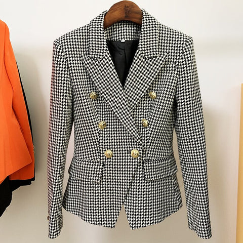 2022 Designer Jacket Women's Lion Buttons Double Breasted Tweed Houndstooth Blazer