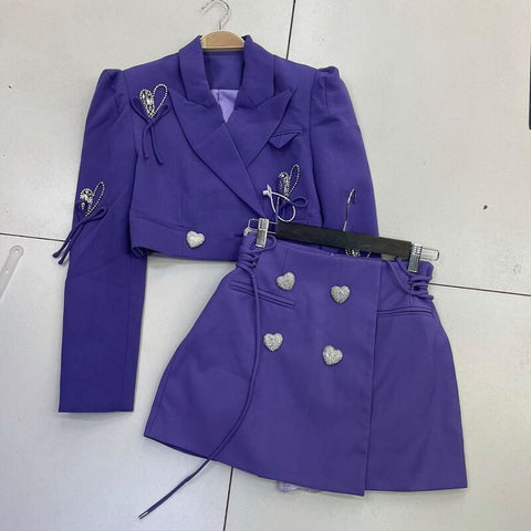 HIGH STREET Newest 2022 Designer Runway Suit Set Women's Love Heart Beaded Short Blazer Skirt Suit