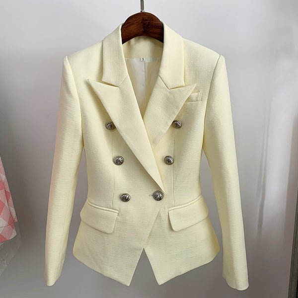 HIGH STREET 2023 Classic Designer Blazer Women's Lion Buttons Double Breasted Slim Fit Textured Blazer Pastel yellow