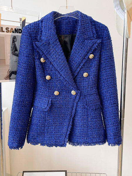 HIGH STREET 2023 Designer Jacket Women's Classic Slim Fitting Double Breasted Lion Buttons Fringed Tweed Blazer