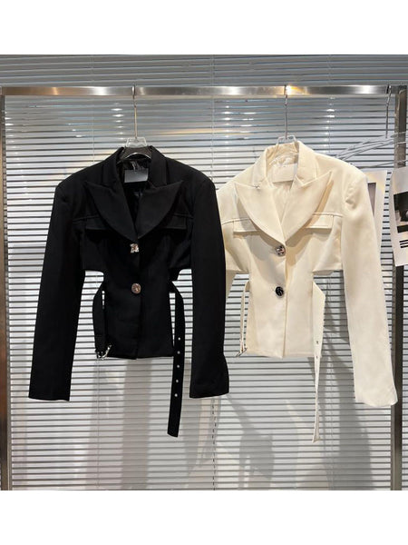 HIGH STREET 2023 Designer Jacket Women's Asymmetrical Drill Buckle Belted Short Blazer