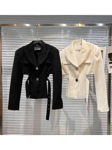 HIGH STREET 2023 Designer Jacket Women's Asymmetrical Drill Buckle Belted Short Blazer
