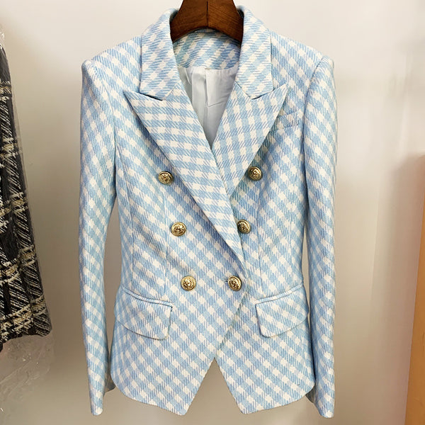 HIGH STREET 2023 Designer Jacket Women's Slim Fit Lion Buttons Double Breasted Tweed Plaid Blazer