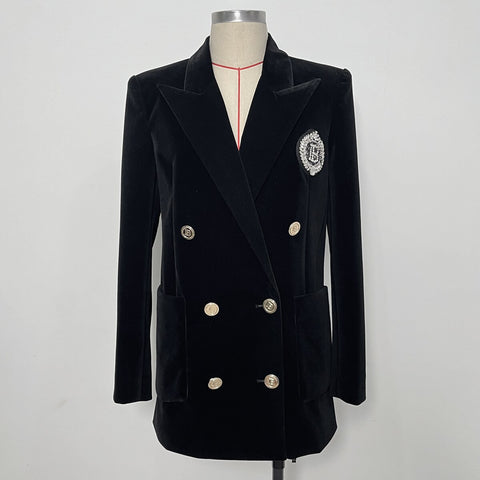 HIGH STREET 2023 Designer Jacket Women's Badge Beaded Double Breasted velvet Long Blazer