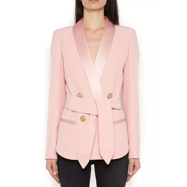 HIGH STREET 2023 Designer Blazer Women's Shawl Collar Double Breasted Metal Buttons Belt Blazer Jacket