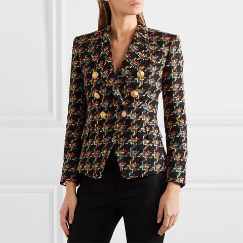 HIGH STREET Newest Runway 2022 Designer Blazer Women's Lion Metal Buttons Houndstooth Short Jacket Blazer Coat