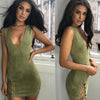 Sexy Deep V-neck Dress Womens Side Split Suede Dress Lace-up Drawstring Criss-cross Bodycon Party Evening Mini Dress