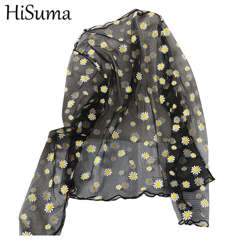 HISUMA Autumn Mesh Gauze Women Long Sleeve Pullover Basic Shirt Casual Lady Elastic Slim Embroidery Floral Lace Chic Blouse Tops