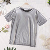 HISUMA Elegant Women Summer Short Sleeve O-neck Bling Basic Shirt Casual Loose Size Elastic Slim High Waist Pullover Blouse Tops