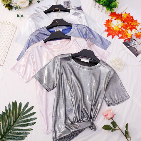 HISUMA Elegant Women Summer Short Sleeve O-neck Bling Basic Shirt Casual Loose Size Elastic Slim High Waist Pullover Blouse Tops