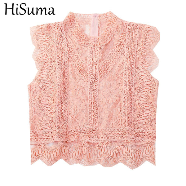 HISUMA Summer O-Neck Women Sleeveless Hollow Out Lace Flower Basic Shirt Lady Short Slim Pullover Back Zipper Ruffle Blouse Tops