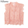 HISUMA Summer O-Neck Women Sleeveless Hollow Out Lace Flower Basic Shirt Lady Short Slim Pullover Back Zipper Ruffle Blouse Tops