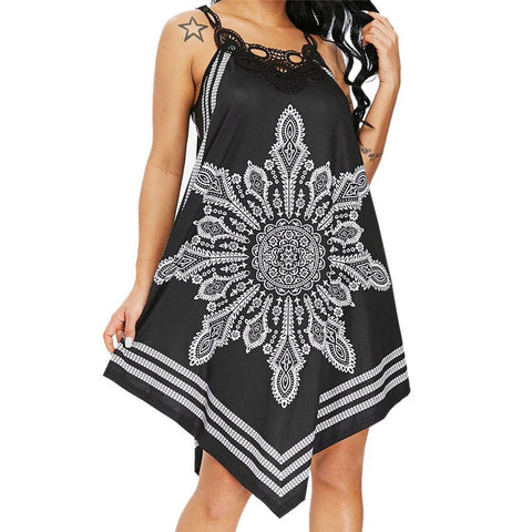 HOT Sell dress summer 2022 Women Ladies Lace Splice Printing Sleeveless Mini Dress Summer Beach Dress vestidos robe J18#N