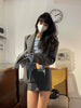 HOUZHOU Blazer Sets Two Piece Sets Womens Outifits Sexy Gray Cropped Blazer Low Waist Micro Mini Skirt Sets High Street Autumn