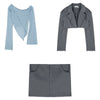 HOUZHOU Blazer Sets Two Piece Sets Womens Outifits Sexy Gray Cropped Blazer Low Waist Micro Mini Skirt Sets High Street Autumn