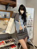 HOUZHOU Blazer Sets Two Piece Sets Womens Outifits Sexy Gray Cropped Blazer Low Waist Micro Mini Skirt Sets High Street Autumn