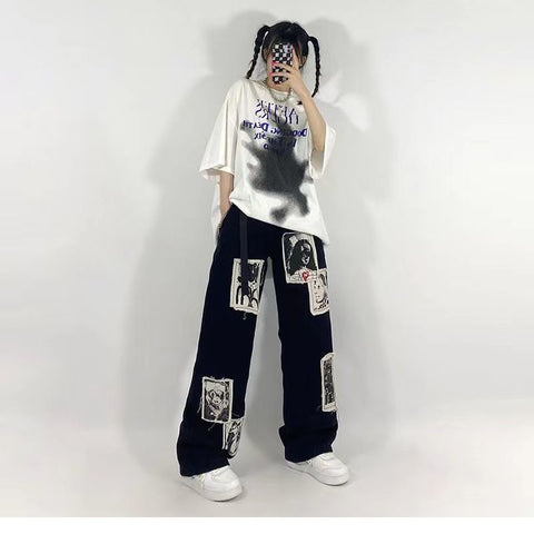 HOUZHOU Grunge Punk Patchwork Black Jeans Women Hip Hop Streetwear Print Oversize Wide Leg Trousers 90s Vintage Pants