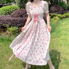 HOUZHOU Pink Floral Dress Woman Elegant Vintage Bandage Lace Midi Dresses Summer 2022 Fairy Sundress Sweet Puff Sleeve Partywear