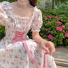 HOUZHOU Pink Floral Dress Woman Elegant Vintage Bandage Lace Midi Dresses Summer 2022 Fairy Sundress Sweet Puff Sleeve Partywear