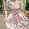 HOUZHOU Pink Floral Dress Woman Elegant Vintage Bandage Lace Midi Dresses Summer 2022 Fairy Sundress Sweet Puff Sleeve Partywear