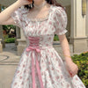 HOUZHOU Pink Floral Dress Woman Elegant Vintage Bandage Lace Midi Dresses Summer 2022 Fairy Sundress Sweet Puff Sleeve Partywear