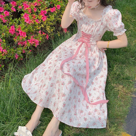 HOUZHOU Pink Floral Dress Woman Elegant Vintage Bandage Lace Midi Dresses Summer 2022 Fairy Sundress Sweet Puff Sleeve Partywear