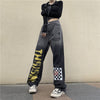 HOUZHOU Vintage Jeans Women Harajuku Grunge Letter Graffiti Wide Leg Denim Pants Casual Streetwear Gothic Checked Loose Pants