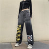 HOUZHOU Vintage Jeans Women Harajuku Grunge Letter Graffiti Wide Leg Denim Pants Casual Streetwear Gothic Checked Loose Pants