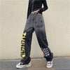 HOUZHOU Vintage Jeans Women Harajuku Grunge Letter Graffiti Wide Leg Denim Pants Casual Streetwear Gothic Checked Loose Pants