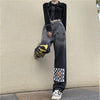 HOUZHOU Vintage Jeans Women Harajuku Grunge Letter Graffiti Wide Leg Denim Pants Casual Streetwear Gothic Checked Loose Pants