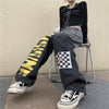 HOUZHOU Vintage Jeans Women Harajuku Grunge Letter Graffiti Wide Leg Denim Pants Casual Streetwear Gothic Checked Loose Pants