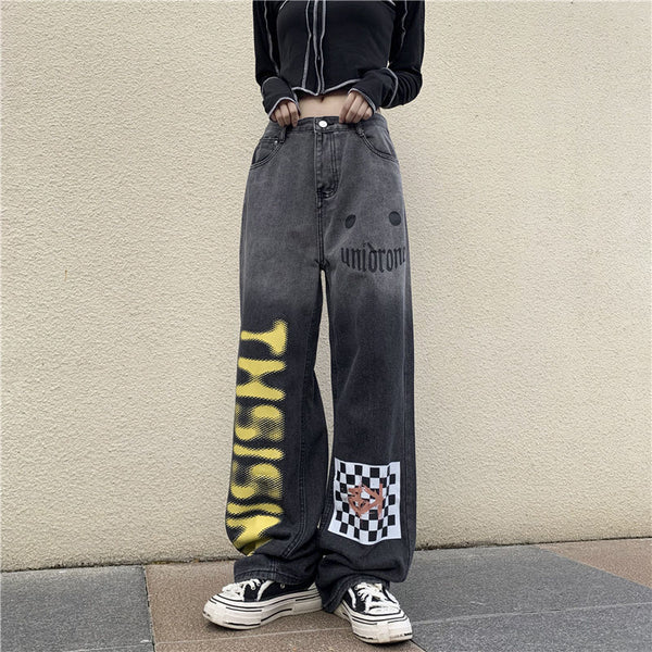 HOUZHOU Vintage Jeans Women Harajuku Grunge Letter Graffiti Wide Leg Denim Pants Casual Streetwear Gothic Checked Loose Pants