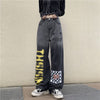 HOUZHOU Vintage Jeans Women Harajuku Grunge Letter Graffiti Wide Leg Denim Pants Casual Streetwear Gothic Checked Loose Pants