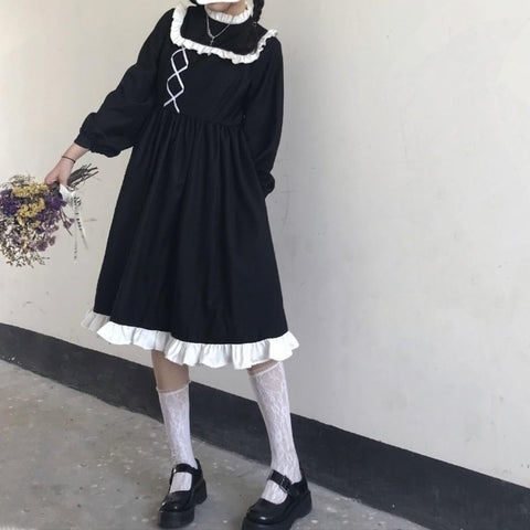 HOUZHOU Women Dress Black Lolita Sweet Kawaii Ruffles Midi Dresses Long Sleeve Patchwork Gothic Outfits Elegant Vintage Robe