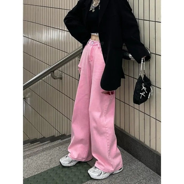 HOUZHOU Y2K Pink High Waist Women Jeans Korean Style Wide Leg Denim Pants Oversize Hollow Out Loose Trousers For Female