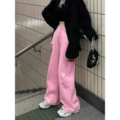 HOUZHOU Y2K Pink High Waist Women Jeans Korean Style Wide Leg Denim Pants Oversize Hollow Out Loose Trousers For Female