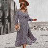 HOXIXIB Spring Summer Wrap Lace Up V Neck Women Dresses Floral Print Sexy Split Ruffle Big Pendulum Dress Vacation Boho Robe