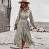 HOXIXIB Spring Summer Wrap Lace Up V Neck Women Dresses Floral Print Sexy Split Ruffle Big Pendulum Dress Vacation Boho Robe
