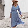 HOXIXIB Spring Summer Wrap Lace Up V Neck Women Dresses Floral Print Sexy Split Ruffle Big Pendulum Dress Vacation Boho Robe