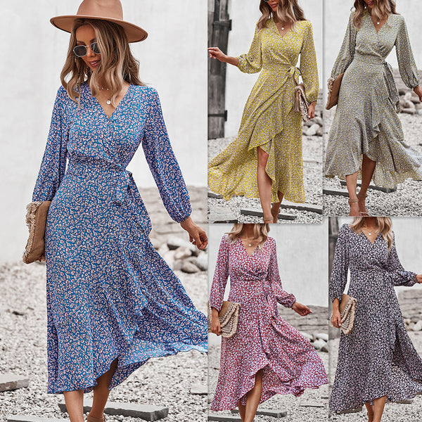 HOXIXIB Spring Summer Wrap Lace Up V Neck Women Dresses Floral Print Sexy Split Ruffle Big Pendulum Dress Vacation Boho Robe